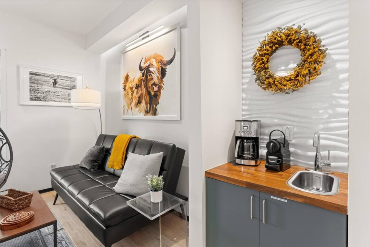 Barndo 1A · North one-bedroom at Cedar Pond Farms — one-bedroom barndominium suite lodging on the farm, with the Highland herd a short walk away.